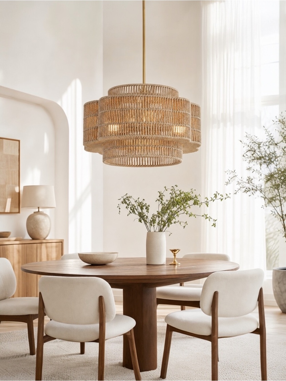 NEW West Elm XL 4-Light Petal Boho Rattan Woven Chandelier Hanging Light Fixture